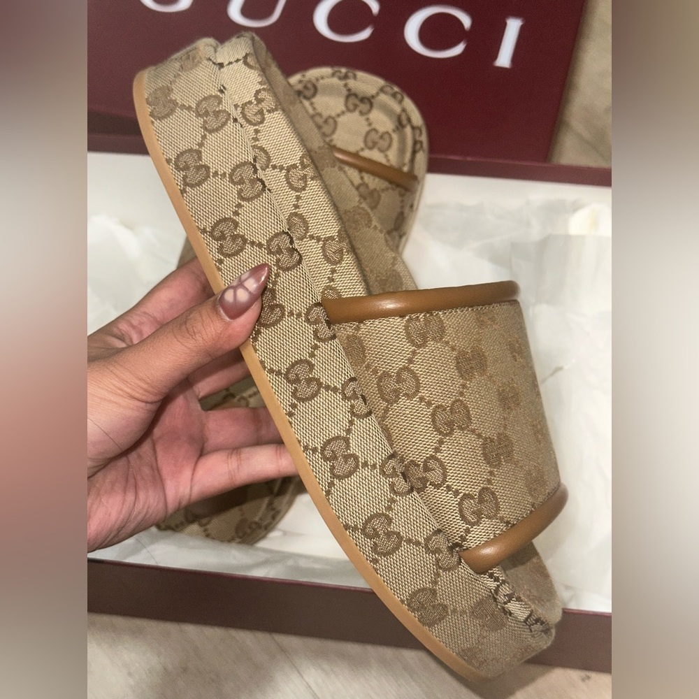 Gucci Women's Tan Monogram Slide Sandals